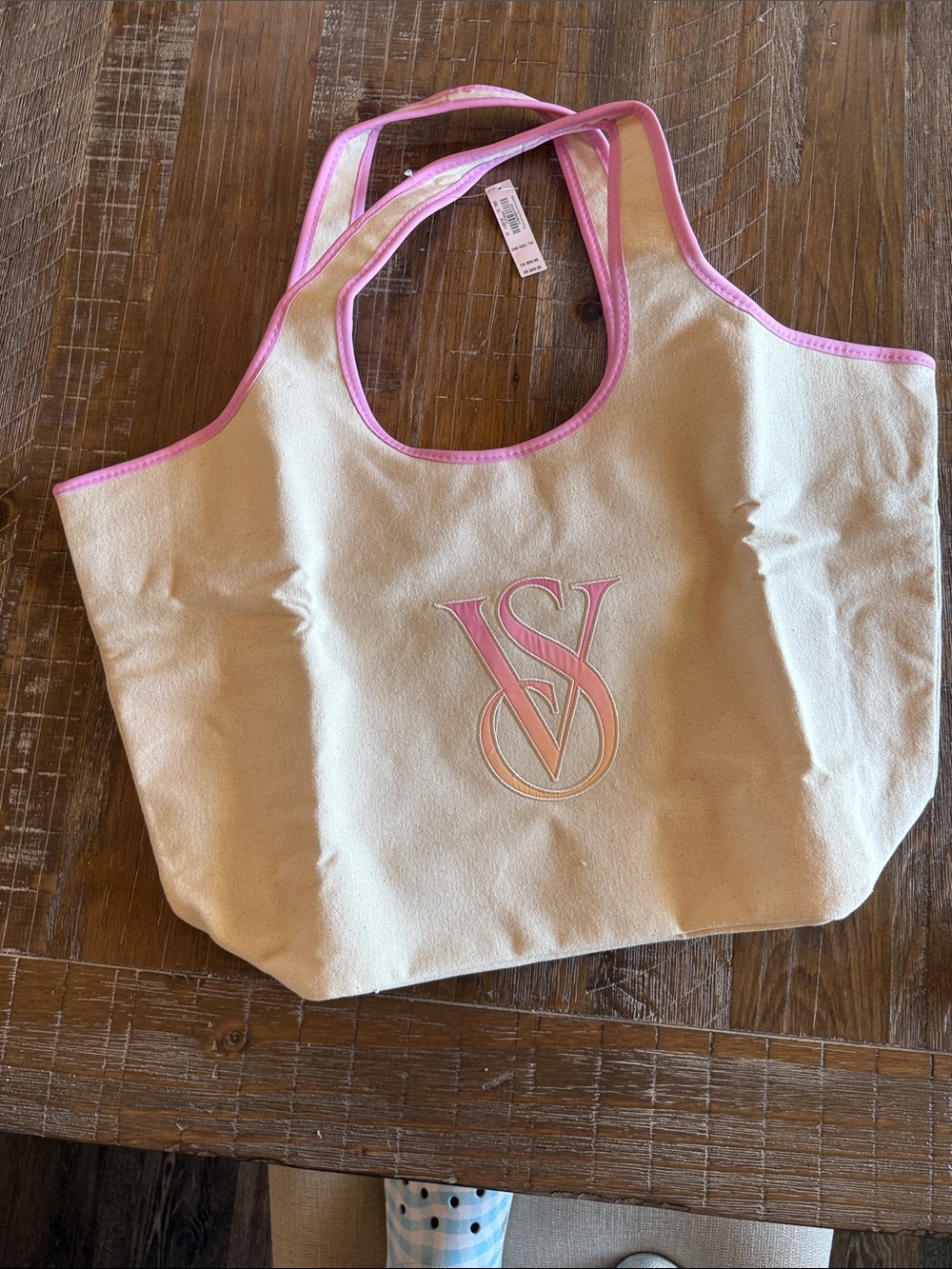 Victoria's Secret Cream Tote with Pink Trim and Bonus Cosmetic Bag! - Picture 3 of 5